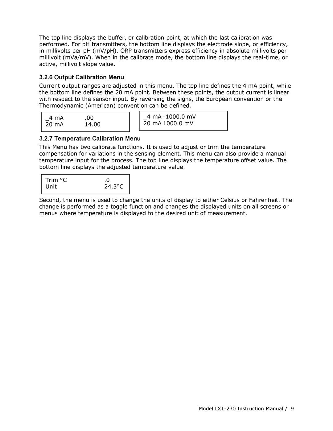 Teledyne LXT-230 manual Output Calibration Menu, Temperature Calibration Menu 