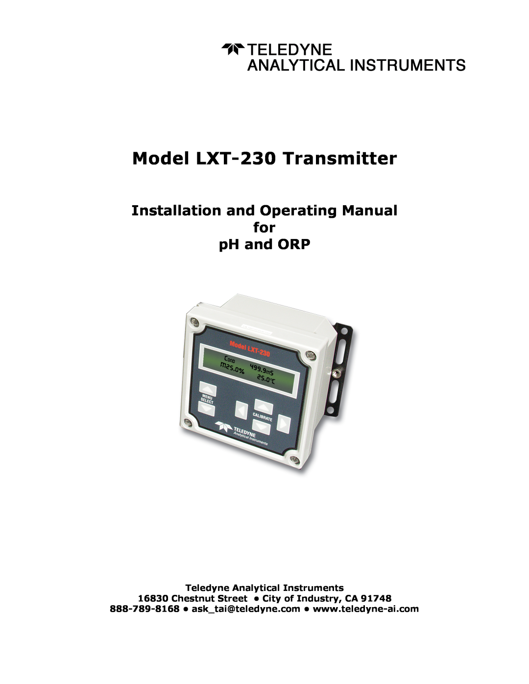 Teledyne manual Model LXT-230Transmitter, Installation and Operating Manual for pH and ORP 