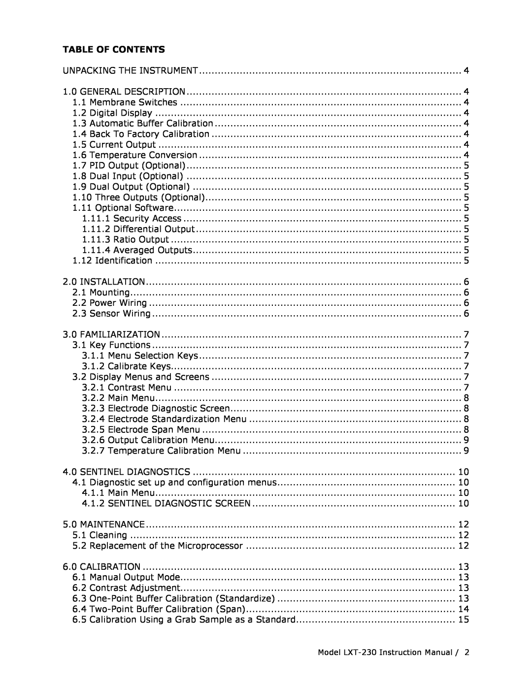 Teledyne LXT-230 manual Table Of Contents 