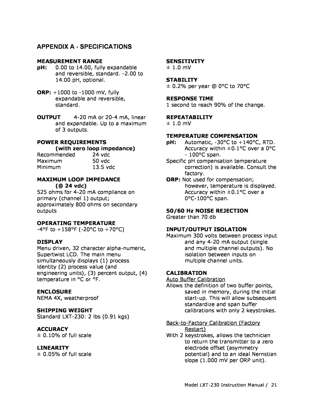 Teledyne LXT-230 manual Appendix A - Specifications 