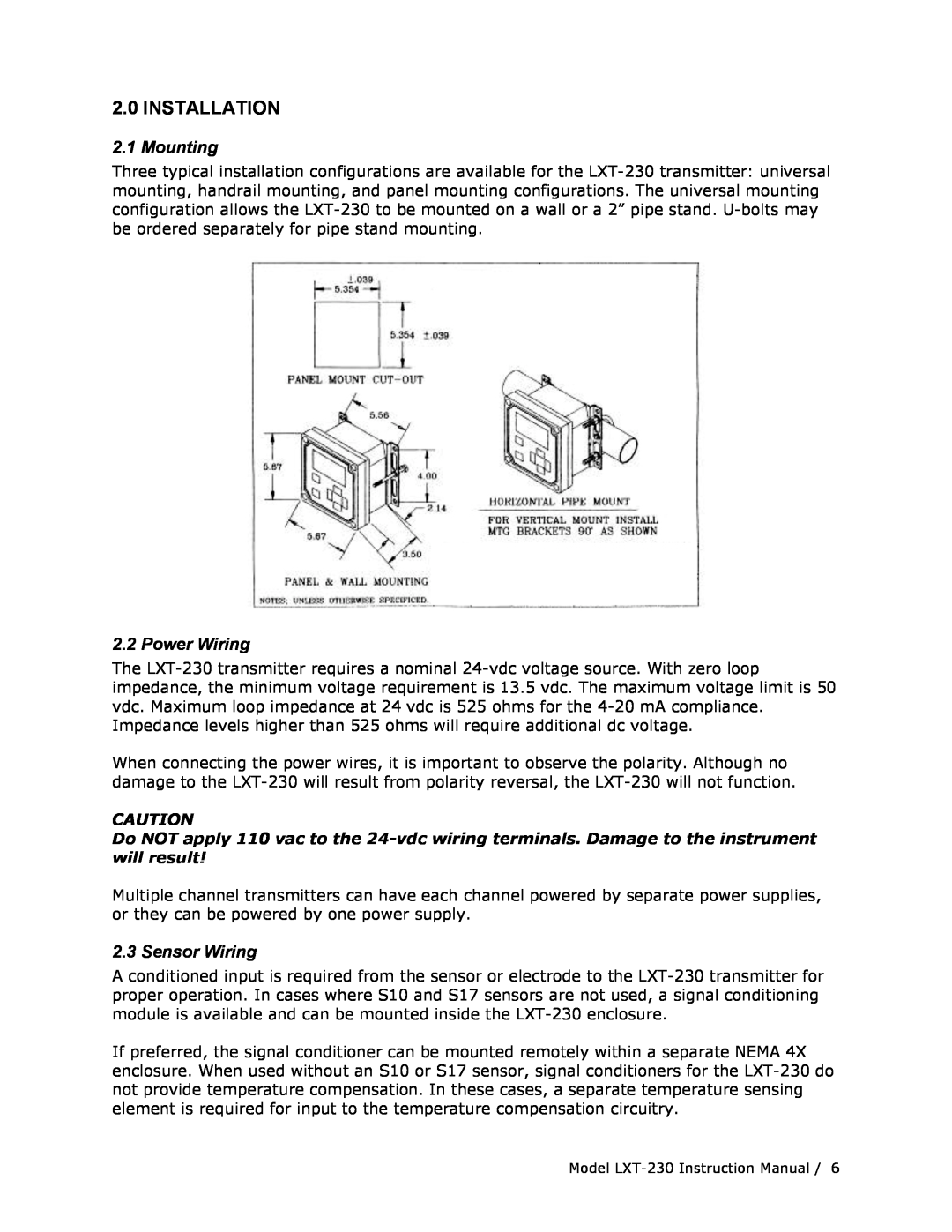 Teledyne LXT-230 manual 2.0INSTALLATION, 2.1Mounting, Power Wiring, Sensor Wiring 