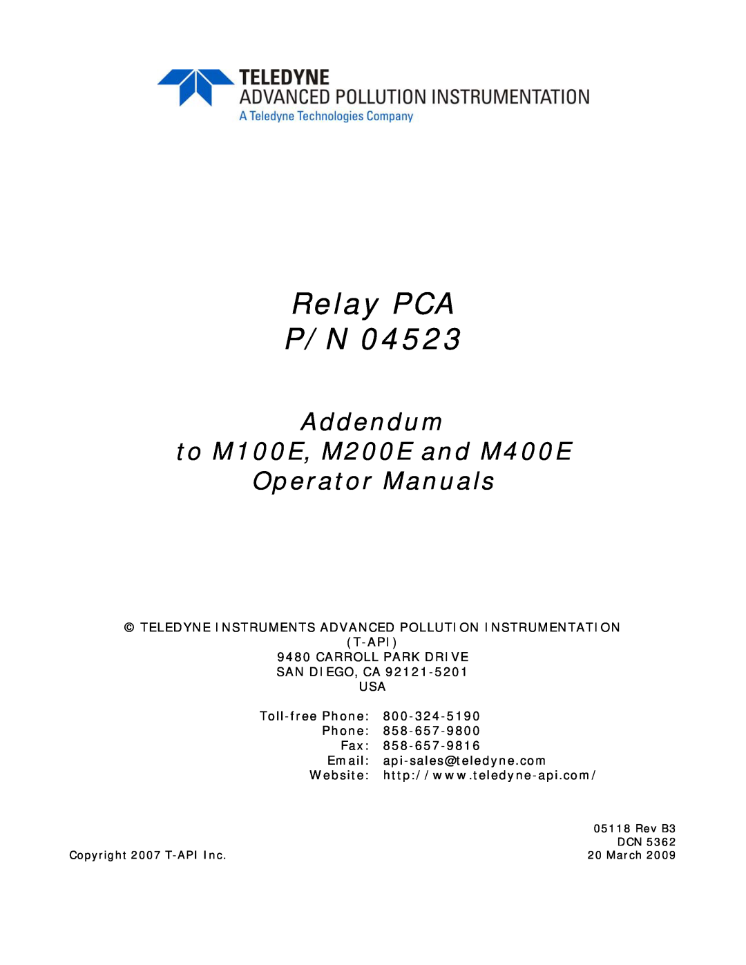 Teledyne M100E manual Teledyne Instruments Advanced Pollution Instrumentation T-Api, Email api-sales@teledyne.com, Rev B3 