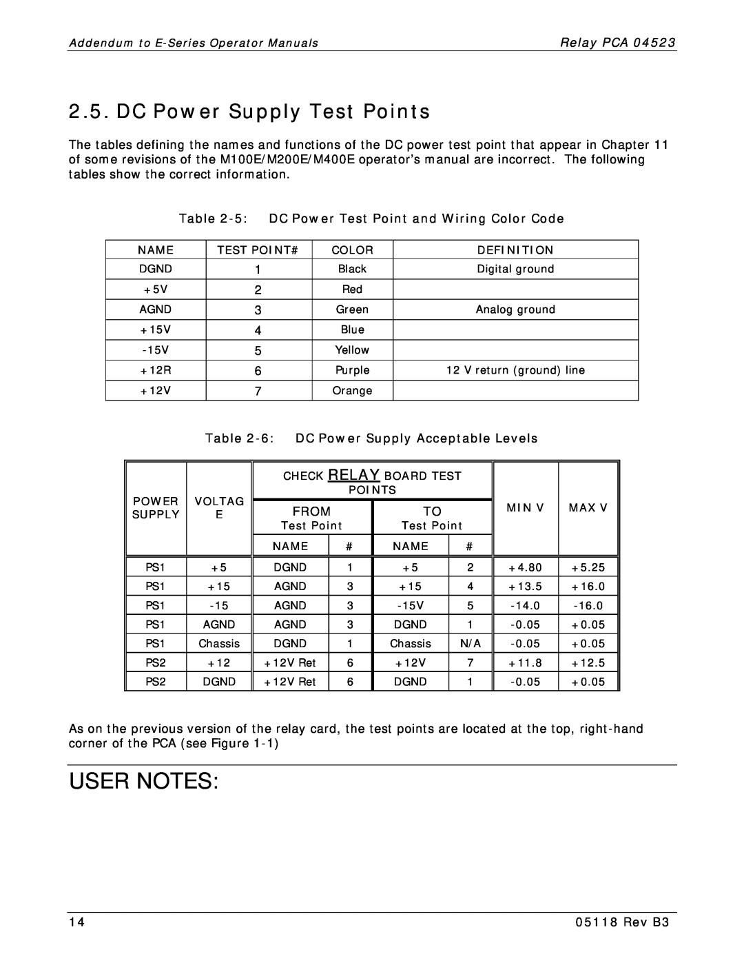 Teledyne M200E and M400E DC Power Supply Test Points, DC Power Test Point and Wiring Color Code, From, User Notes, Rev B3 