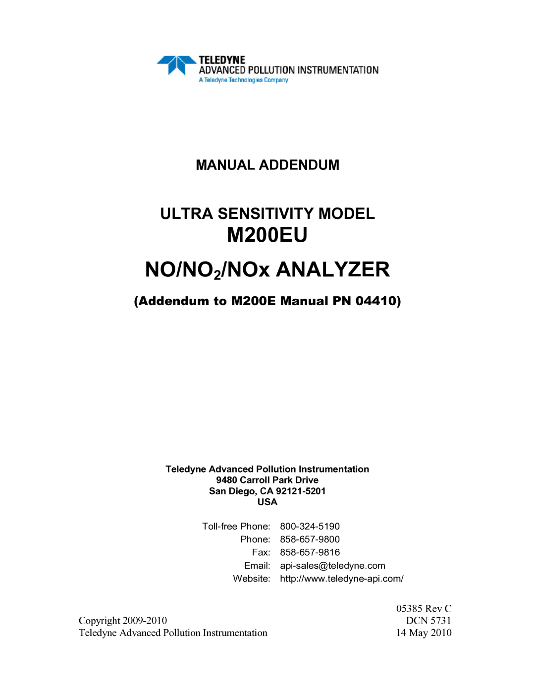 Teledyne manual M200EU NO/NO2/NOx Analyzer 