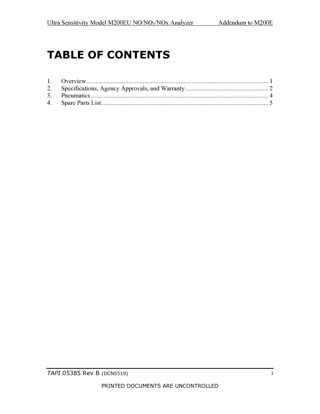 Teledyne M200EU manual Table of Contents 