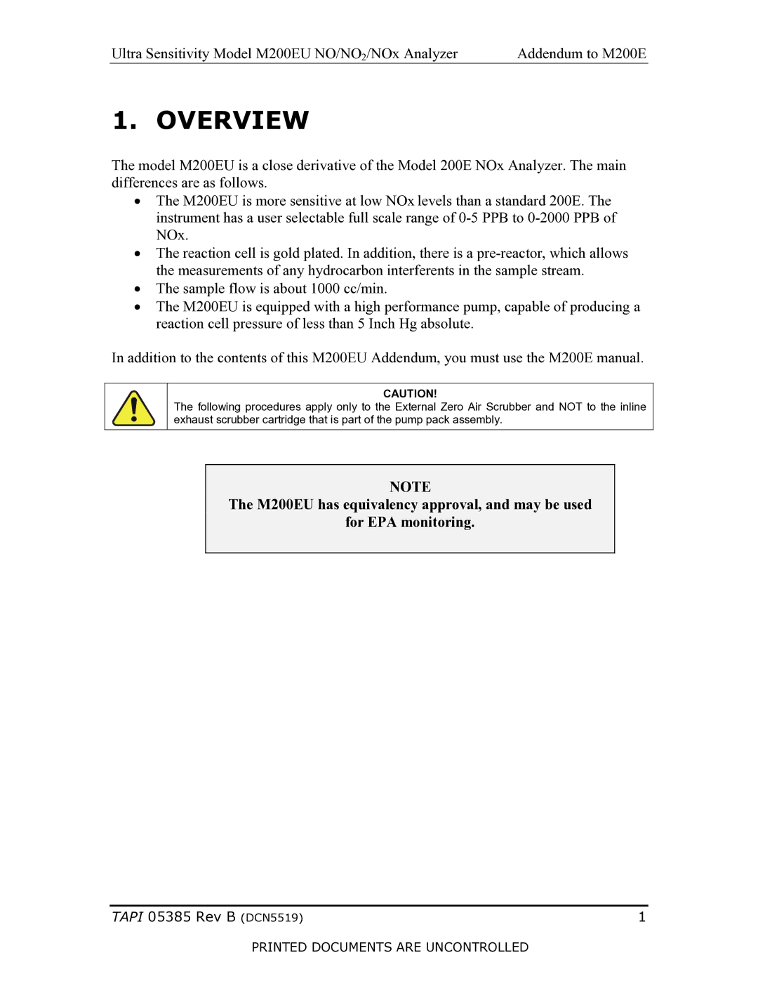 Teledyne M200EU manual Overview 