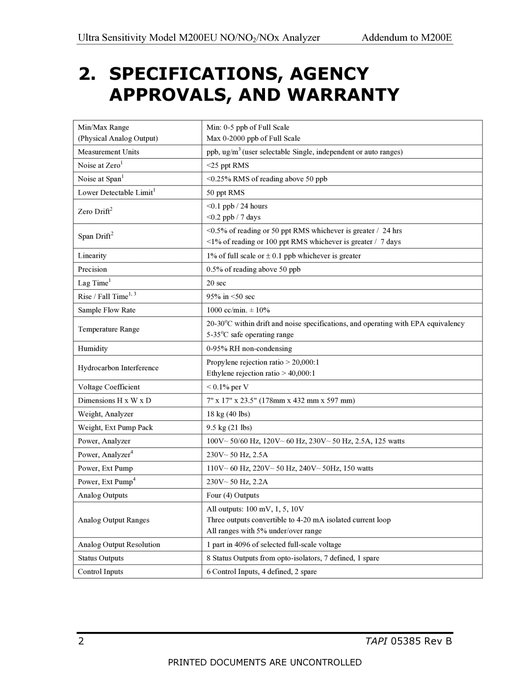 Teledyne M200EU manual SPECIFICATIONS, Agency APPROVALS, and Warranty 