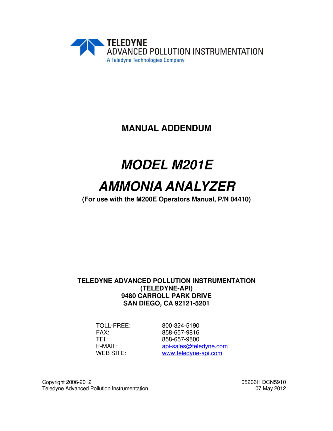 Teledyne manual Model M201E Ammonia Analyzer, Manual Addendum 