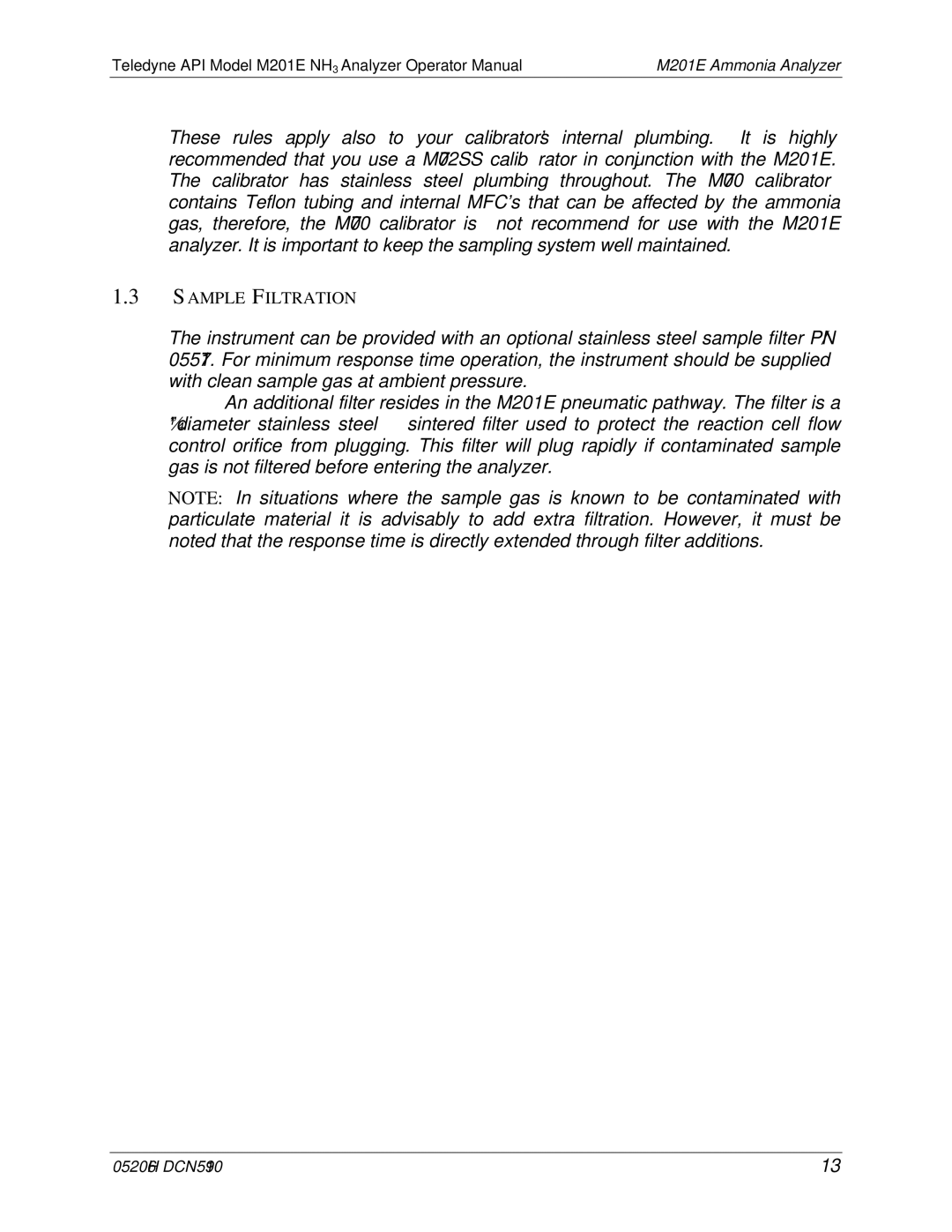 Teledyne M201E manual Sample Filtration 