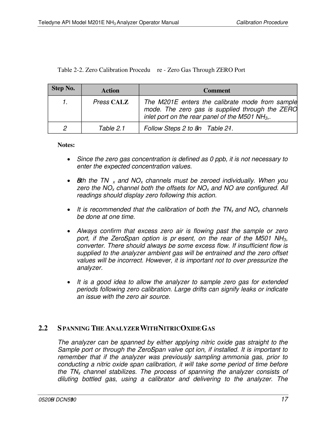 Teledyne M201E manual Zero Calibration Procedure Zero Gas Through Zero Port 