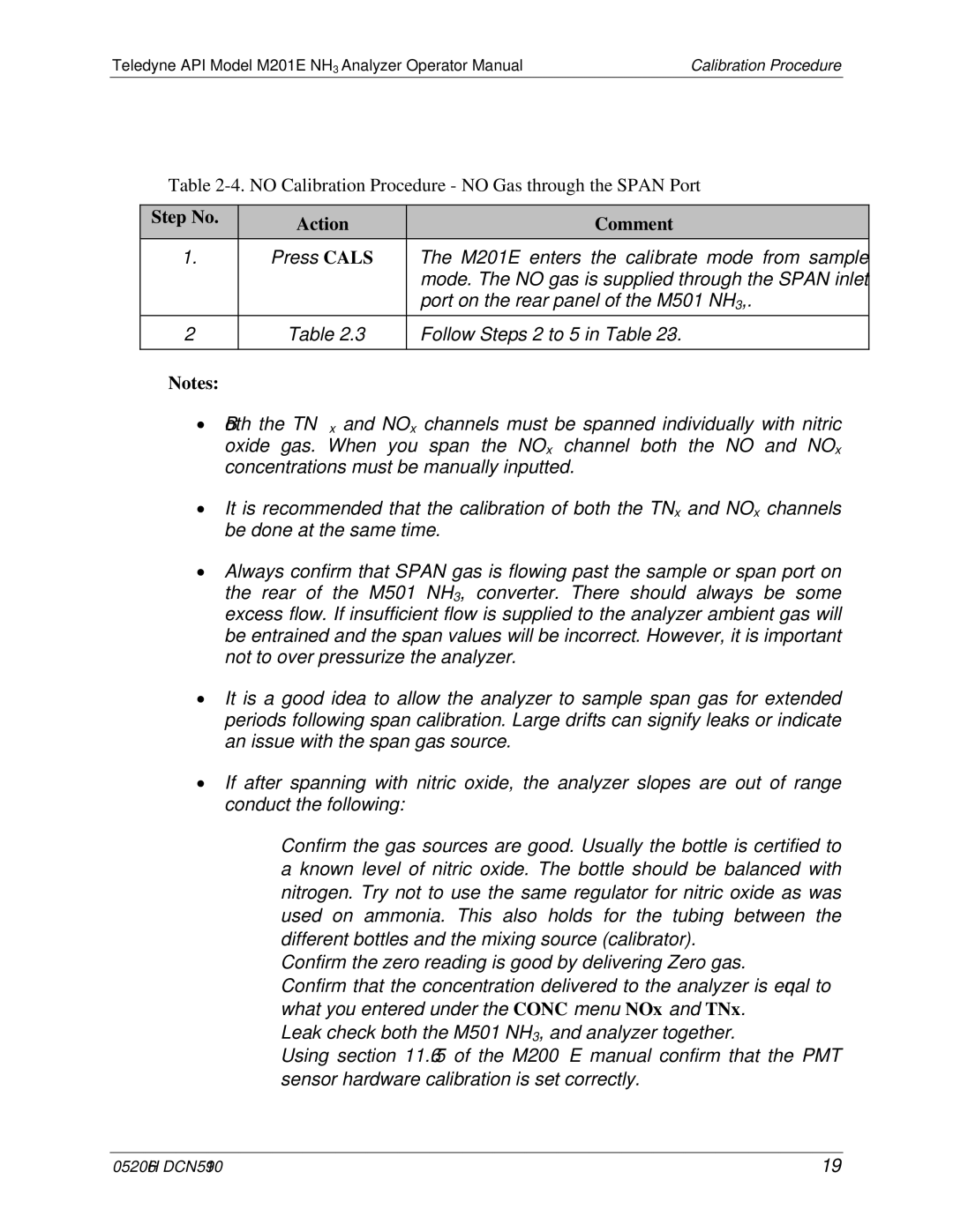 Teledyne M201E manual No Calibration Procedure no Gas through the Span Port 