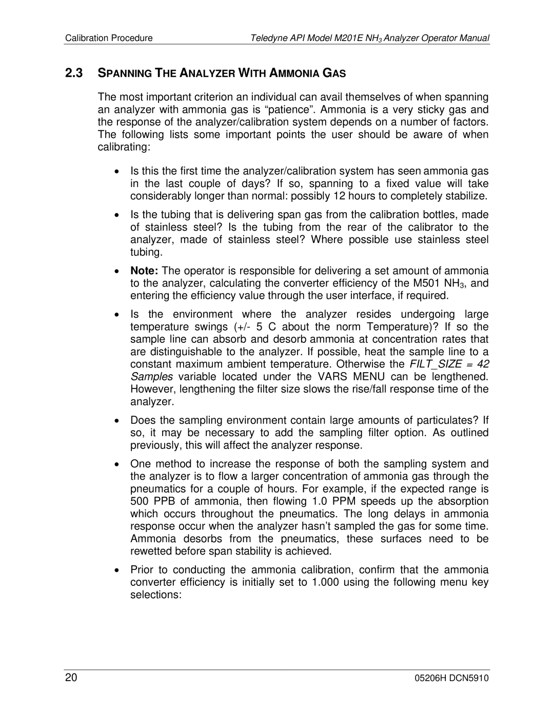 Teledyne M201E manual Spanning the Analyzer with Ammonia GAS 