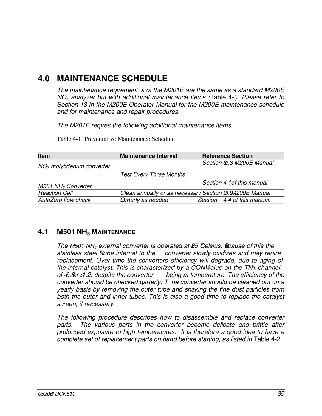 Teledyne M201E manual Preventative Maintenance Schedule 