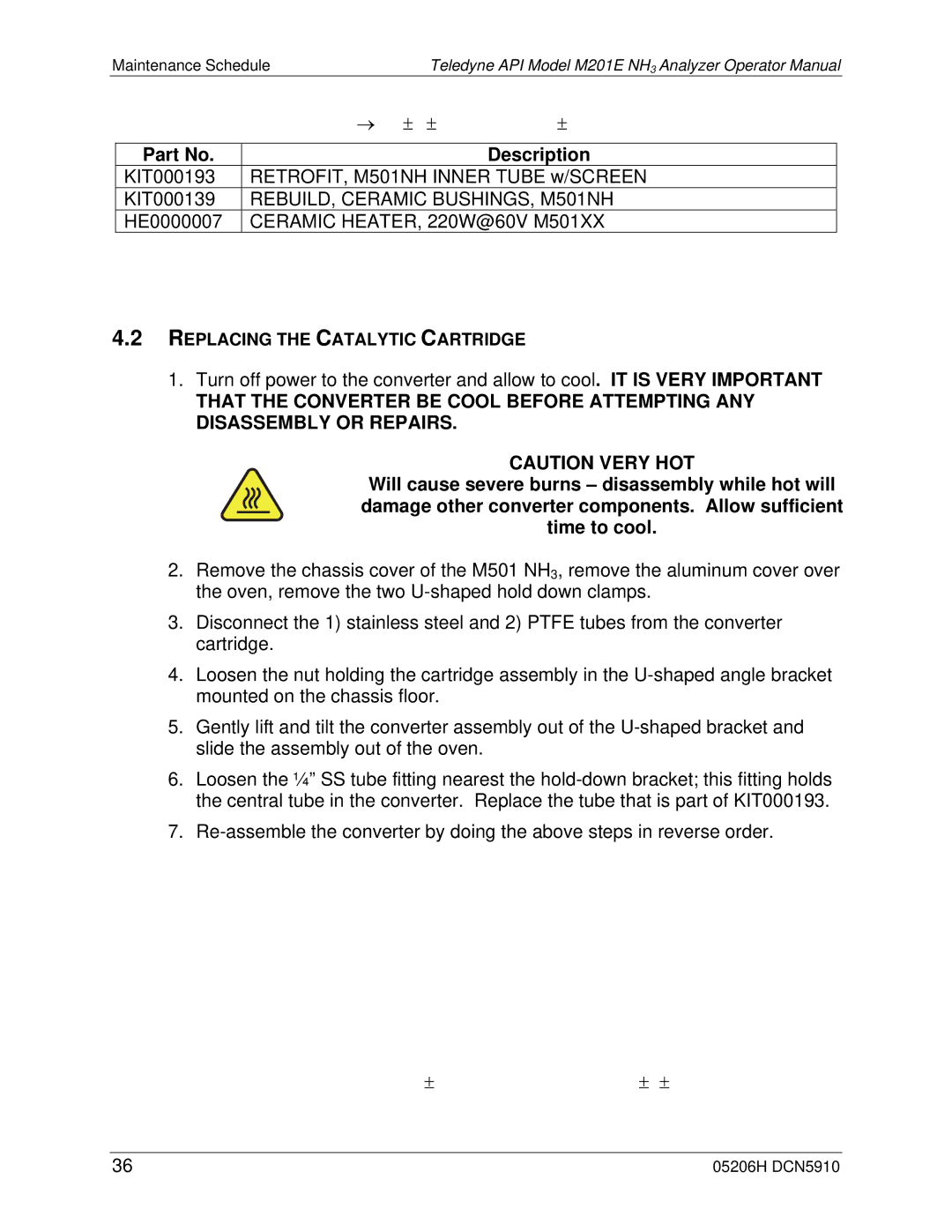 Teledyne M201E manual M501 NH3 Converter Rebuild Parts List, Catalytic Cartridge 