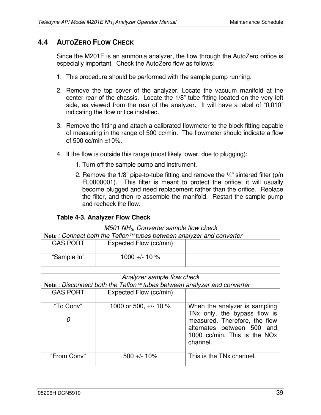 Teledyne M201E manual Analyzer Flow Check 