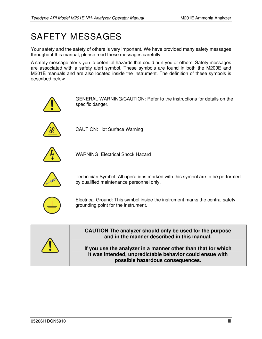 Teledyne M201E manual Safety Messages 