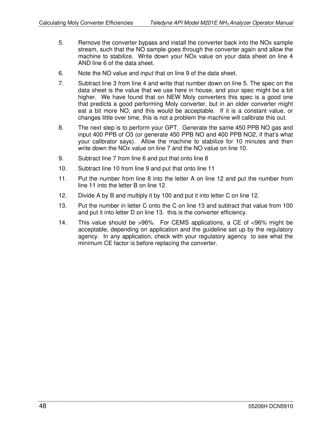 Teledyne M201E manual Calculating Moly Converter Efficiencies 