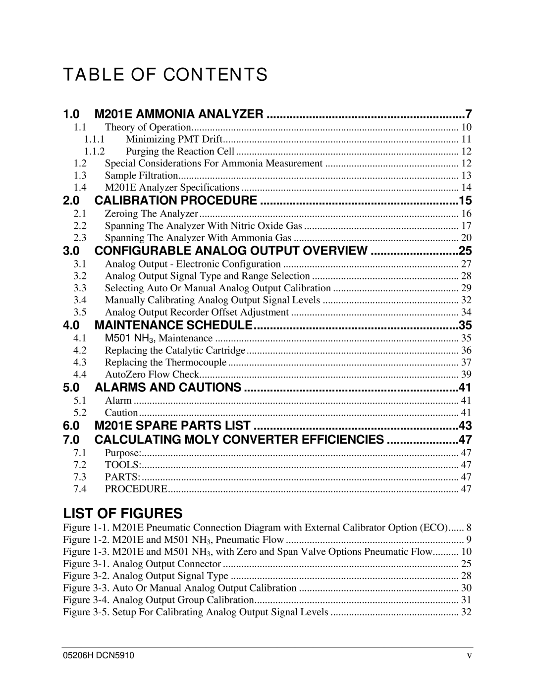 Teledyne M201E manual Table of Contents 