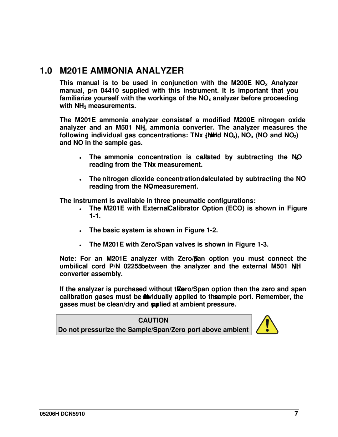 Teledyne manual M201E Ammonia Analyzer, Do not pressurize the Sample/Span/Zero port above ambient 