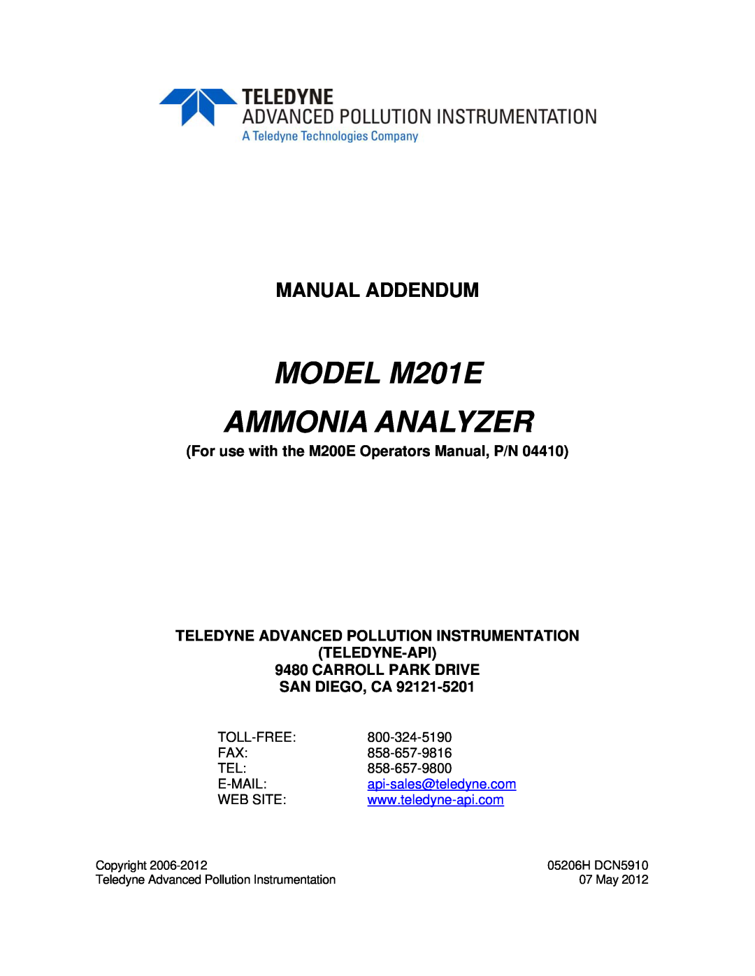 Teledyne manual Manual Addendum, MODEL M201E AMMONIA ANALYZER, api-sales@teledyne.com 