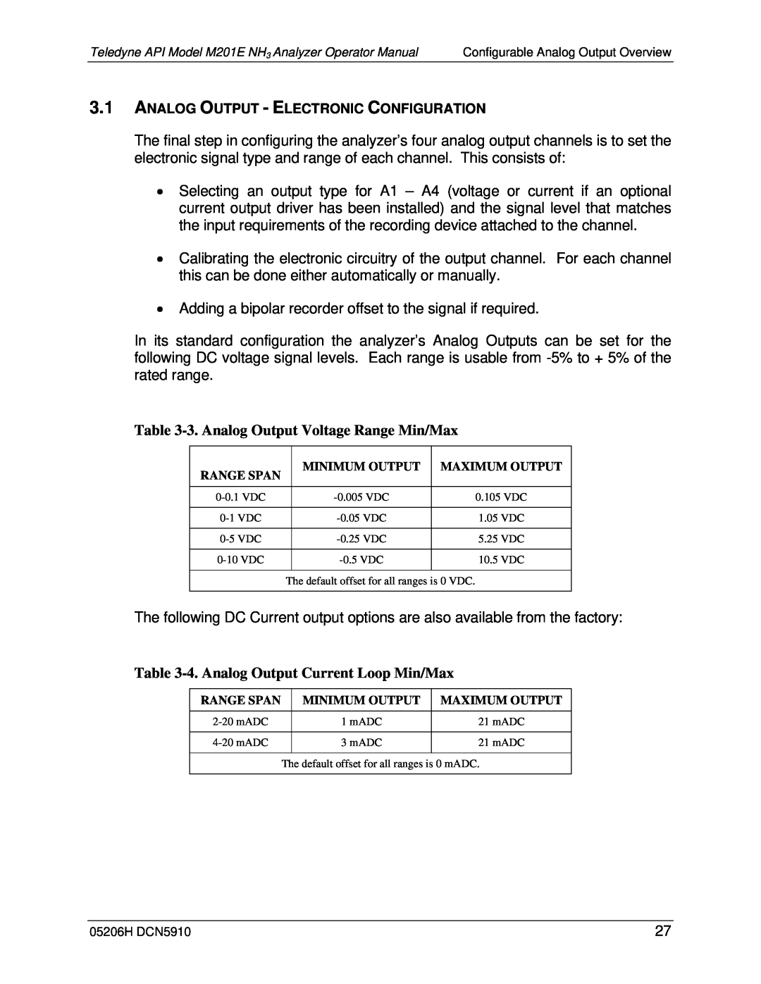 Teledyne M201E manual 3.Analog Output Voltage Range Min/Max, 4.Analog Output Current Loop Min/Max 