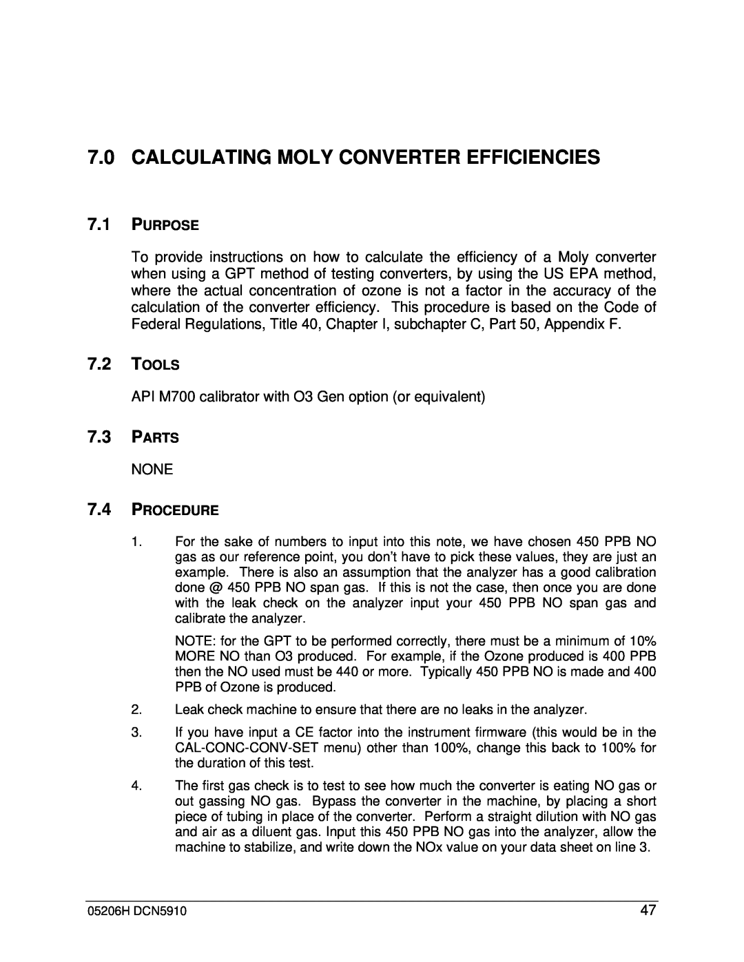 Teledyne M201E manual 7.0CALCULATING MOLY CONVERTER EFFICIENCIES, None 