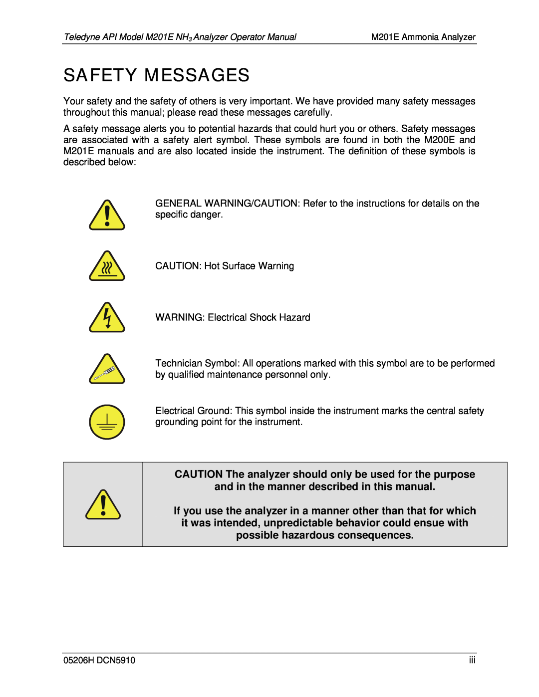 Teledyne M201E manual Safety Messages 