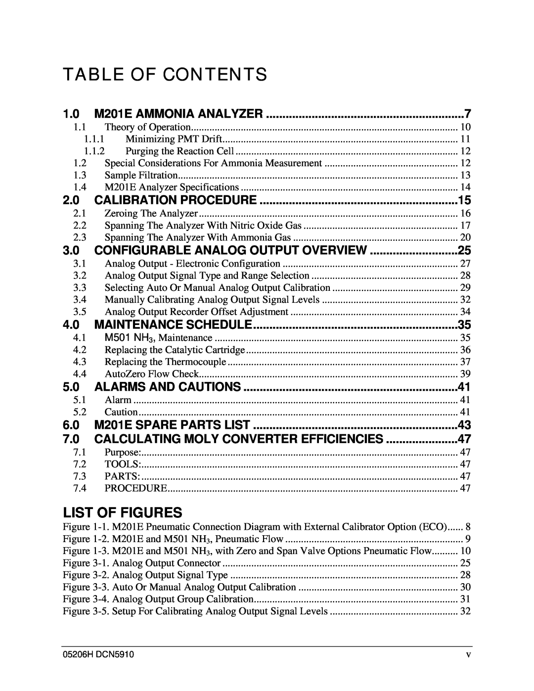 Teledyne manual Table Of Contents, List Of Figures, Configurable Analog Output Overview, 6.0 M201E SPARE PARTS LIST 
