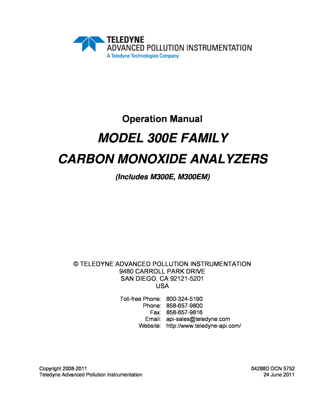 Teledyne M300EM operation manual Teledyne Advanced Pollution Instrumentation, Carroll Park Drive San Diego, Ca Usa 