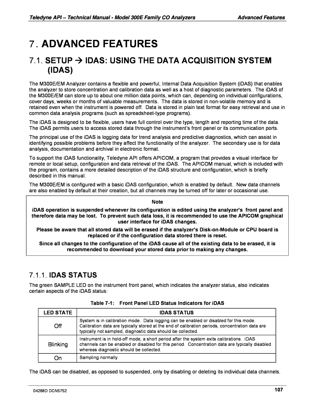Teledyne M300EM operation manual Advanced Features, Idas Status, Led State 