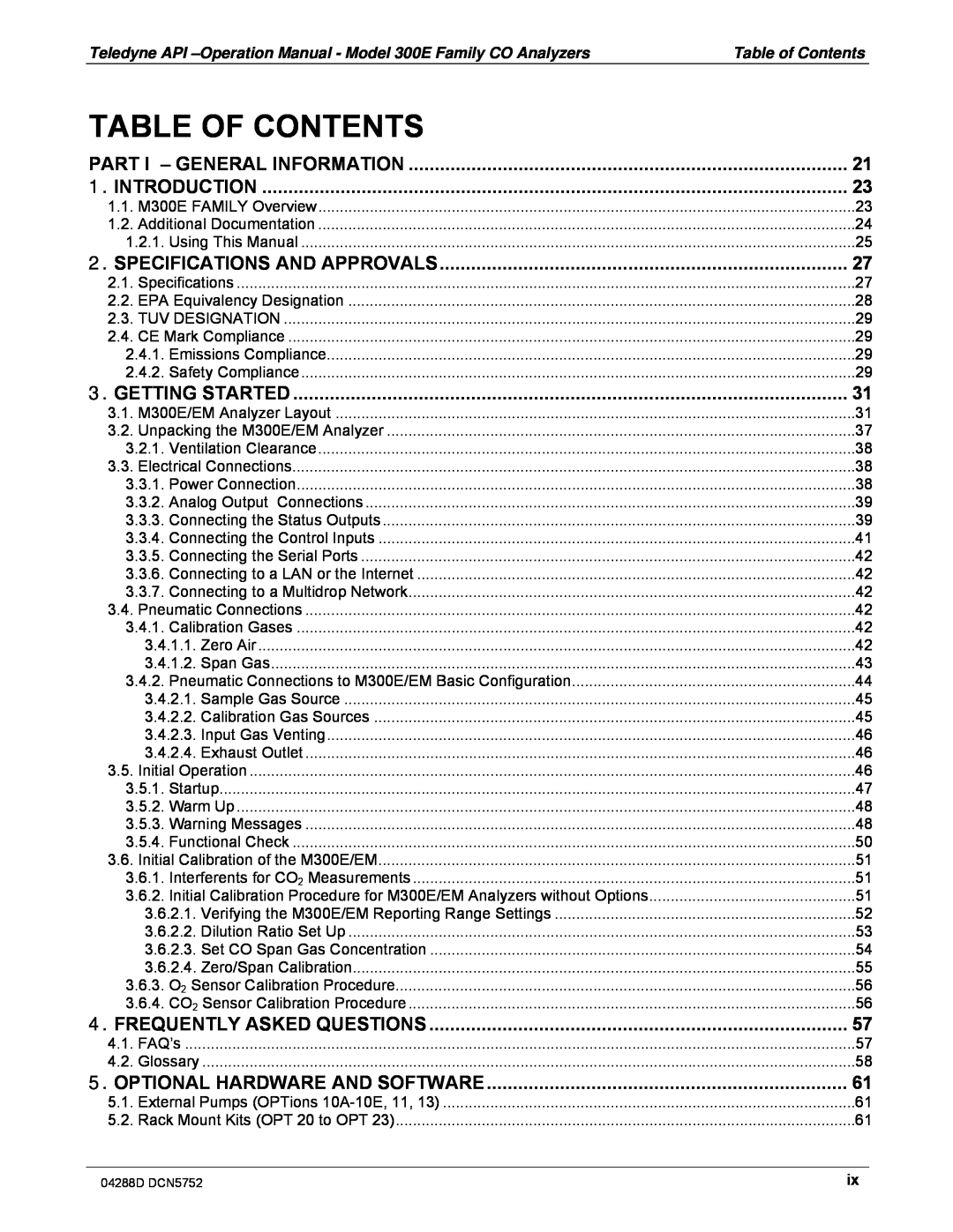 Teledyne M300EM operation manual Table Of Contents, Table of Contents 