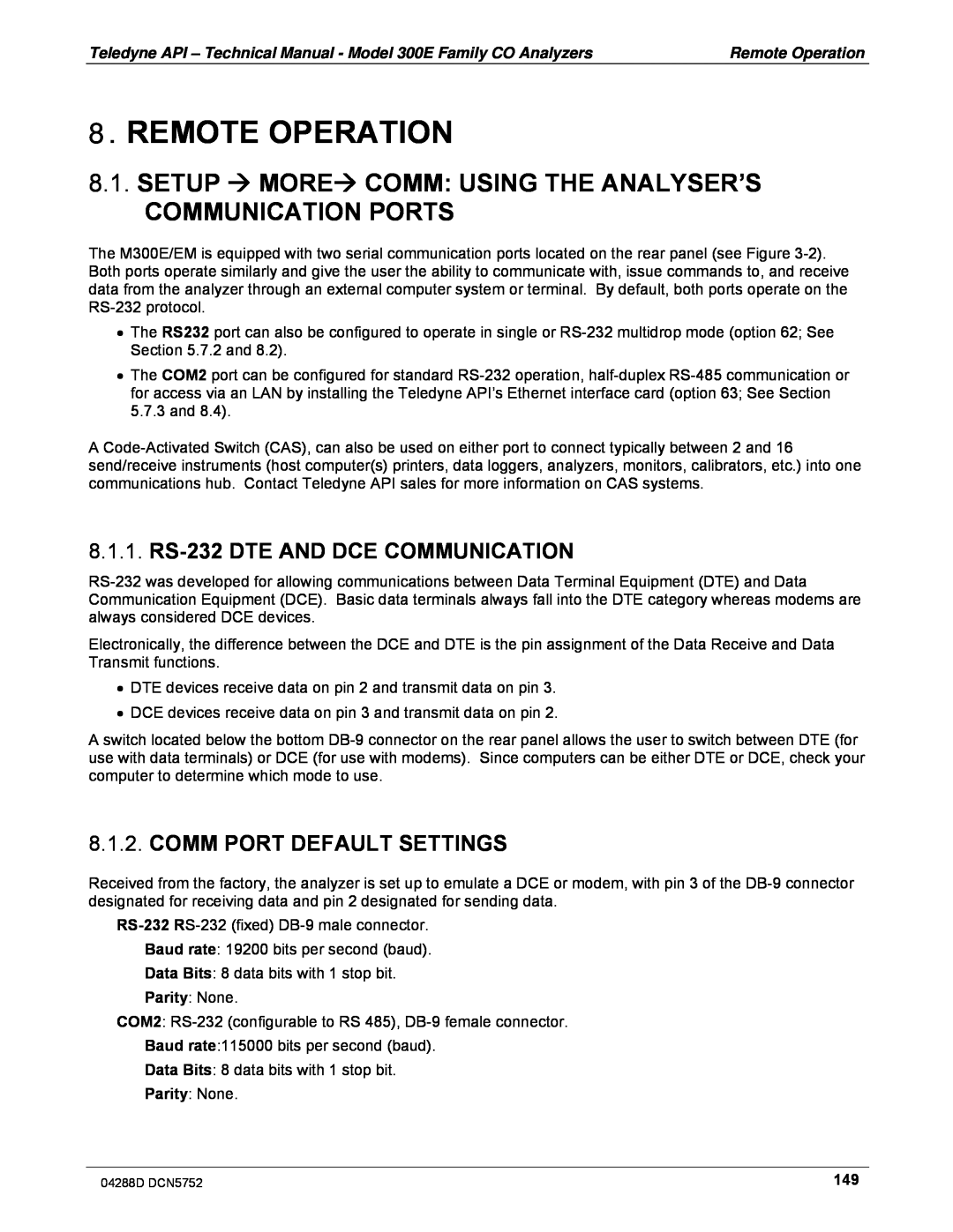 Teledyne M300EM operation manual Remote Operation, 8.1.1.RS-232DTE AND DCE COMMUNICATION, Comm Port Default Settings 