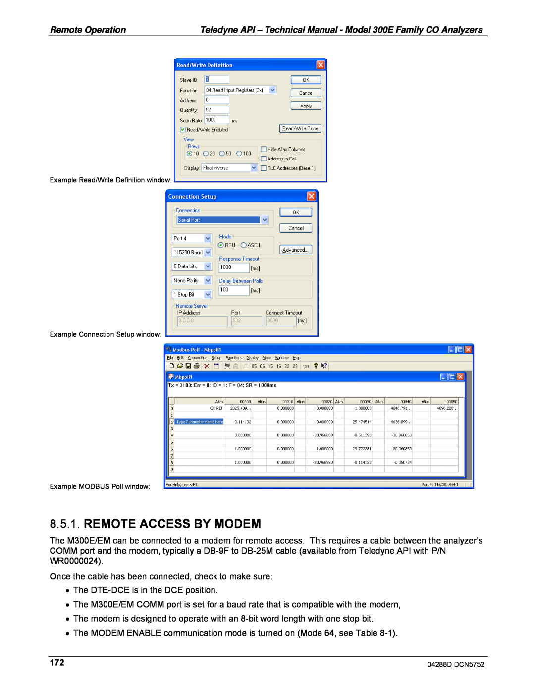 Teledyne M300EM operation manual Remote Access By Modem 