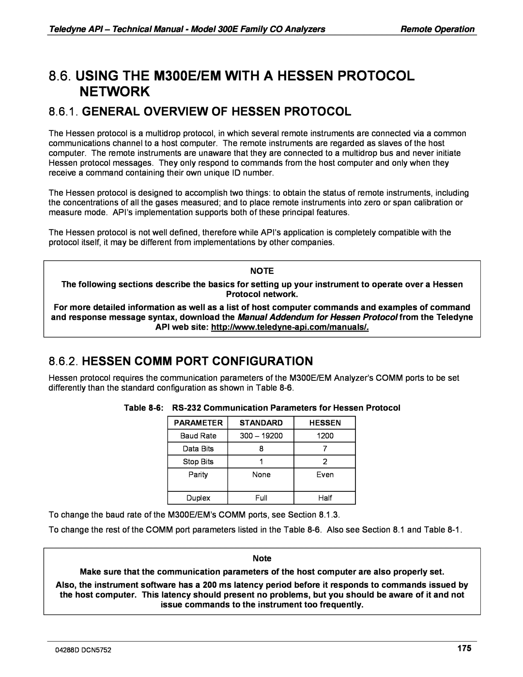 Teledyne M300EM operation manual General Overview Of Hessen Protocol, Hessen Comm Port Configuration, Protocol network 