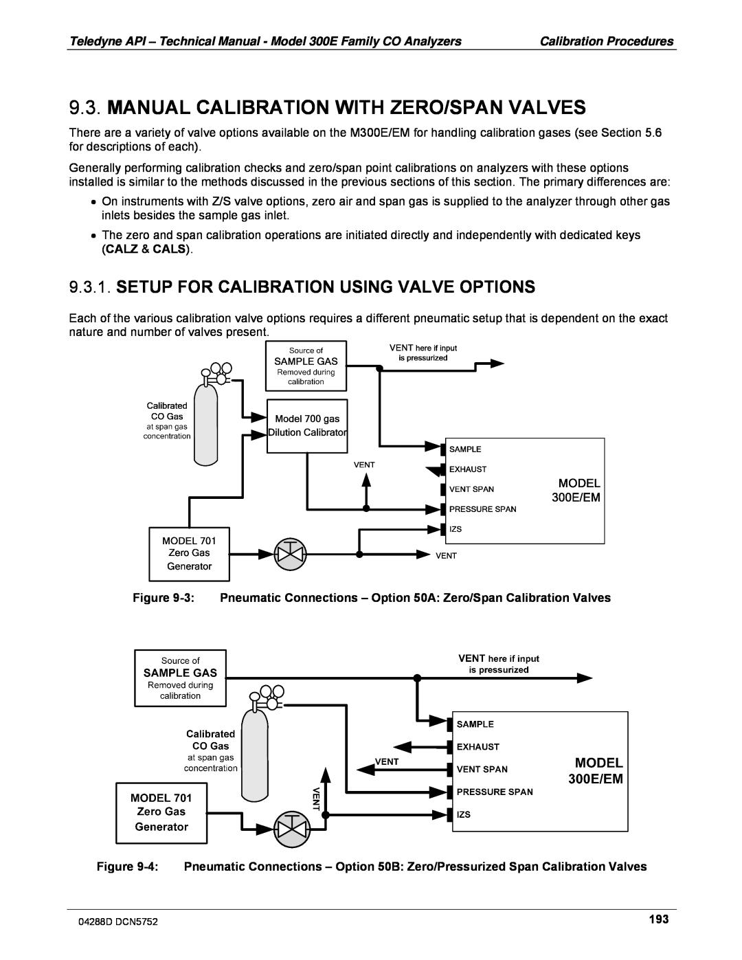 Teledyne M300EM operation manual Manual Calibration With Zero/Span Valves, Setup For Calibration Using Valve Options 