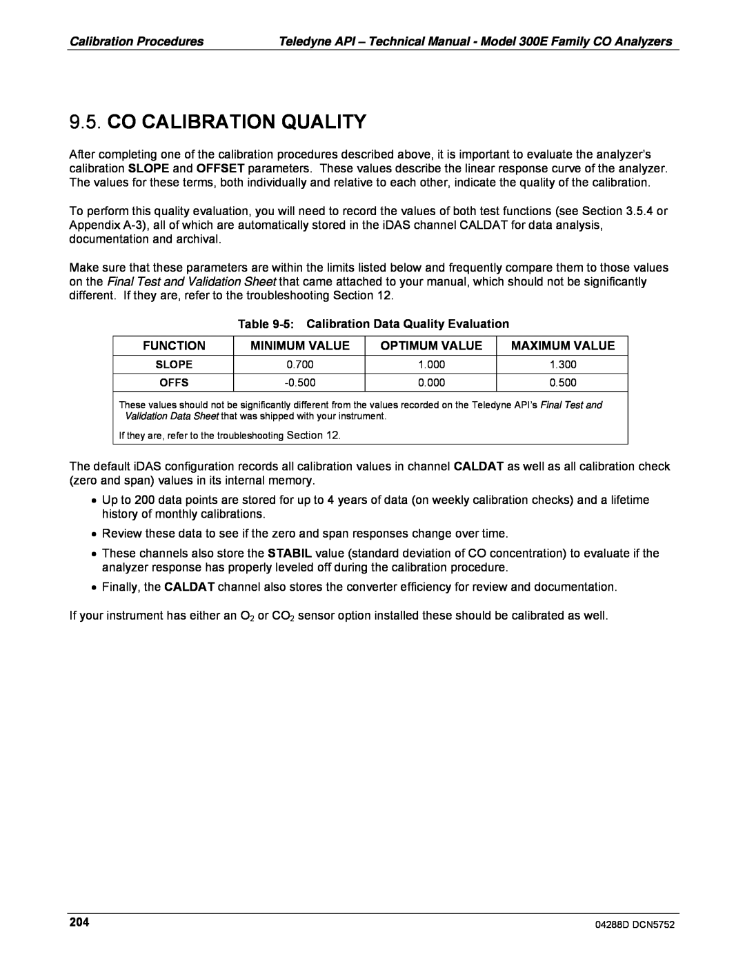 Teledyne M300EM Co Calibration Quality, 5:Calibration Data Quality Evaluation, Function, Minimum Value, Optimum Value 