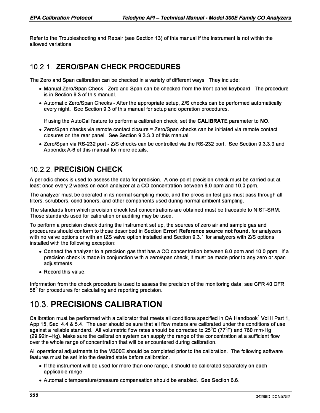 Teledyne M300EM operation manual Precisions Calibration, Zero/Span Check Procedures, Precision Check 