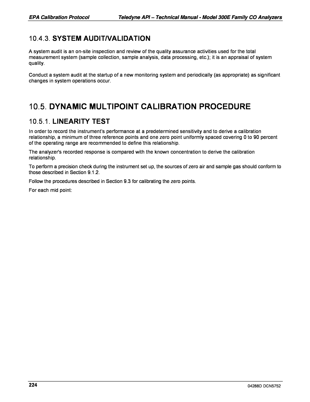 Teledyne M300EM operation manual Dynamic Multipoint Calibration Procedure, System Audit/Validation, Linearity Test 