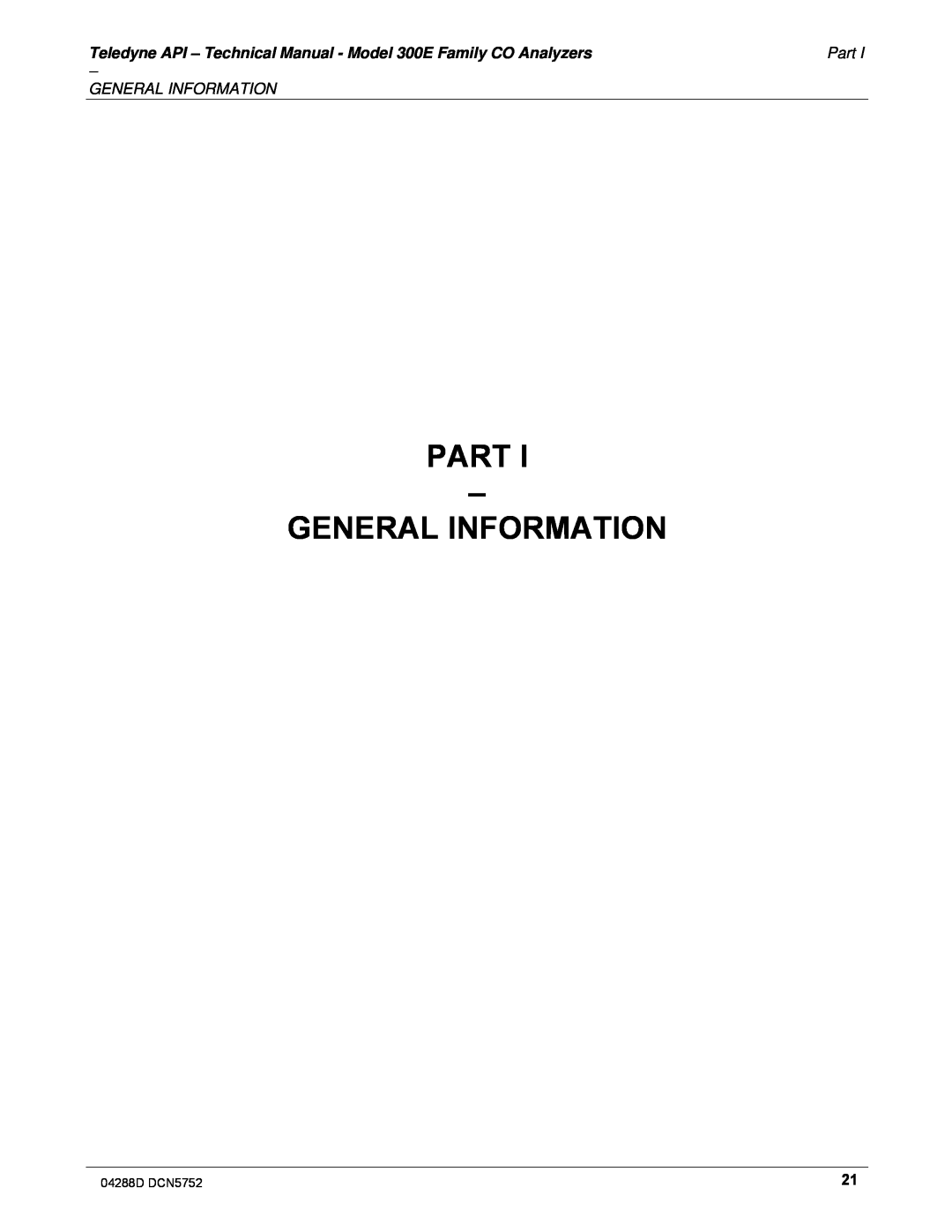 Teledyne M300EM operation manual Part - General Information 