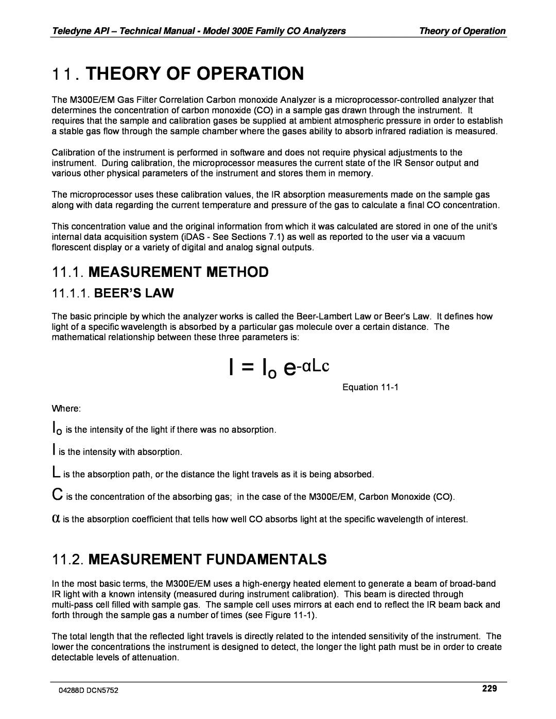 Teledyne M300EM Theory Of Operation, Measurement Method, Measurement Fundamentals, Beer’S Law, I = Io e-αLc 