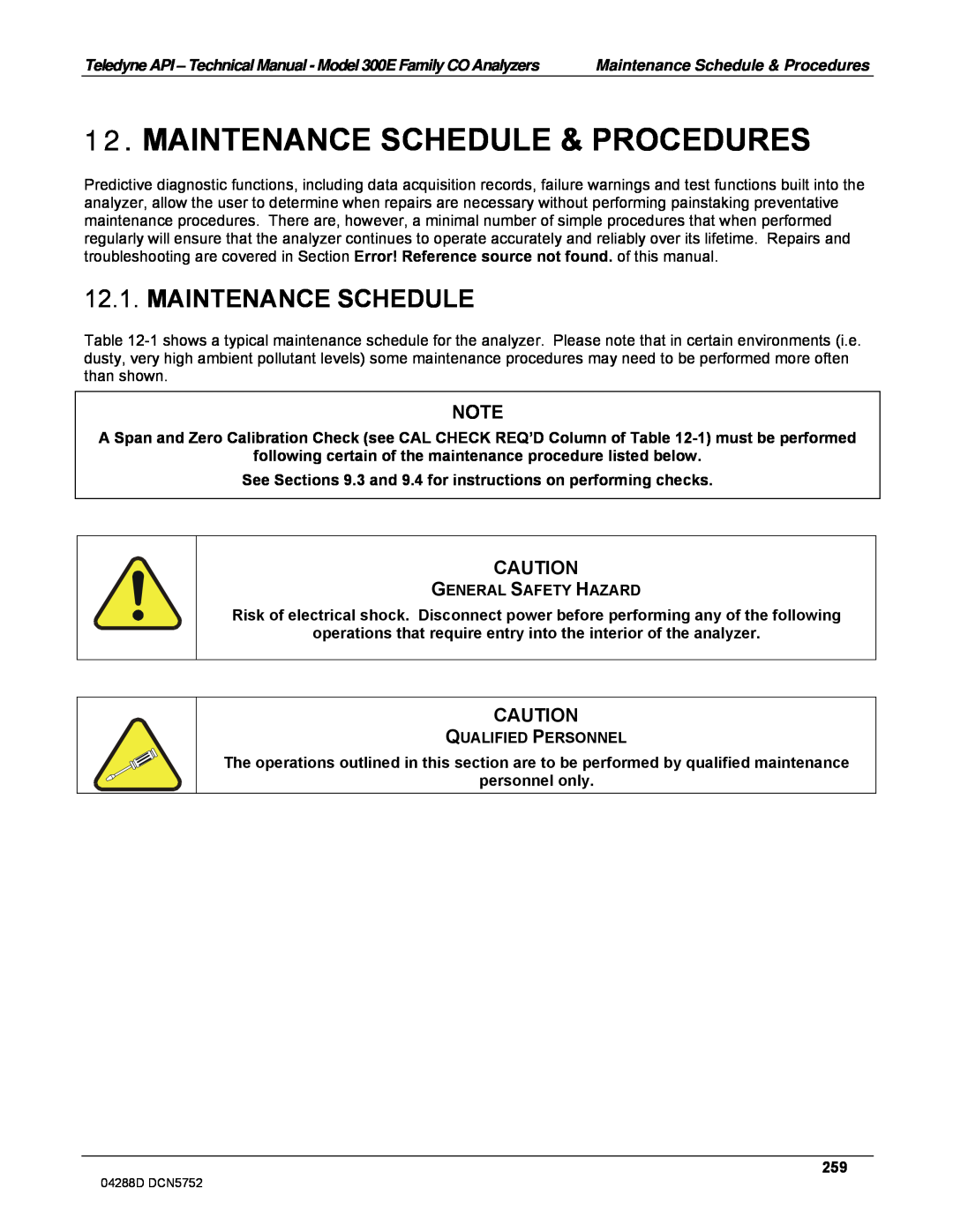 Teledyne M300EM Maintenance Schedule & Procedures, General Safety Hazard, Qualified Personnel, personnel only 259 