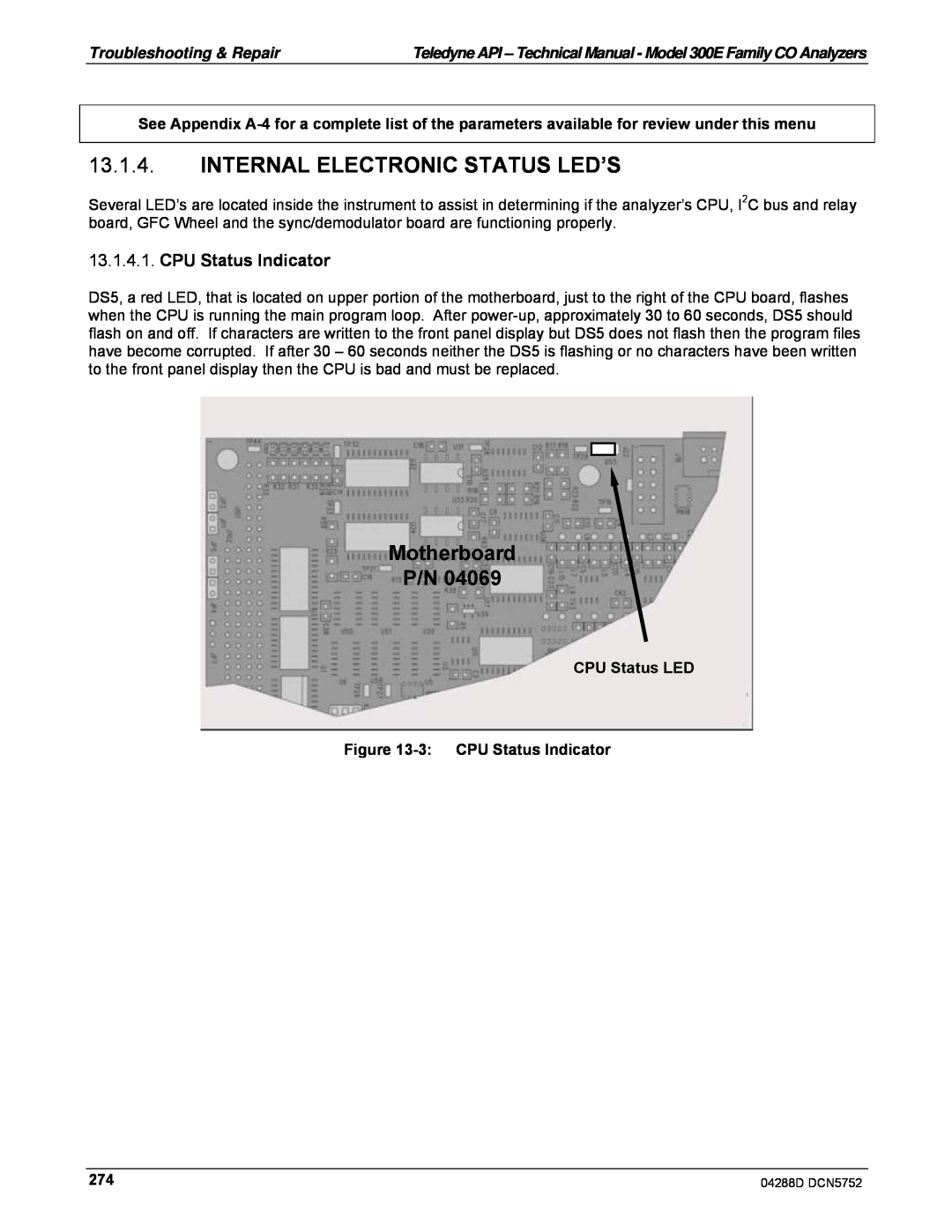 Teledyne M300EM operation manual Internal Electronic Status Led’S, Motherboard P/N, CPU Status Indicator 