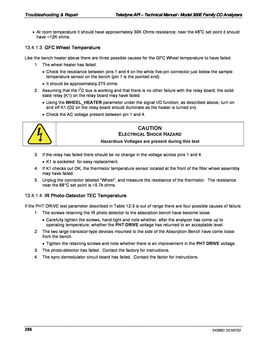 Teledyne M300EM operation manual GFC Wheel Temperature, IR Photo-DetectorTEC Temperature, Electrical Shock Hazard 