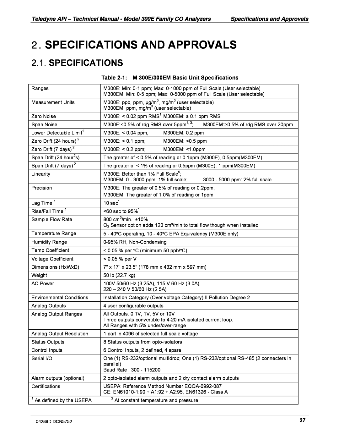 Teledyne M300EM operation manual Specifications And Approvals, 1:M 300E/300EM Basic Unit Specifications 