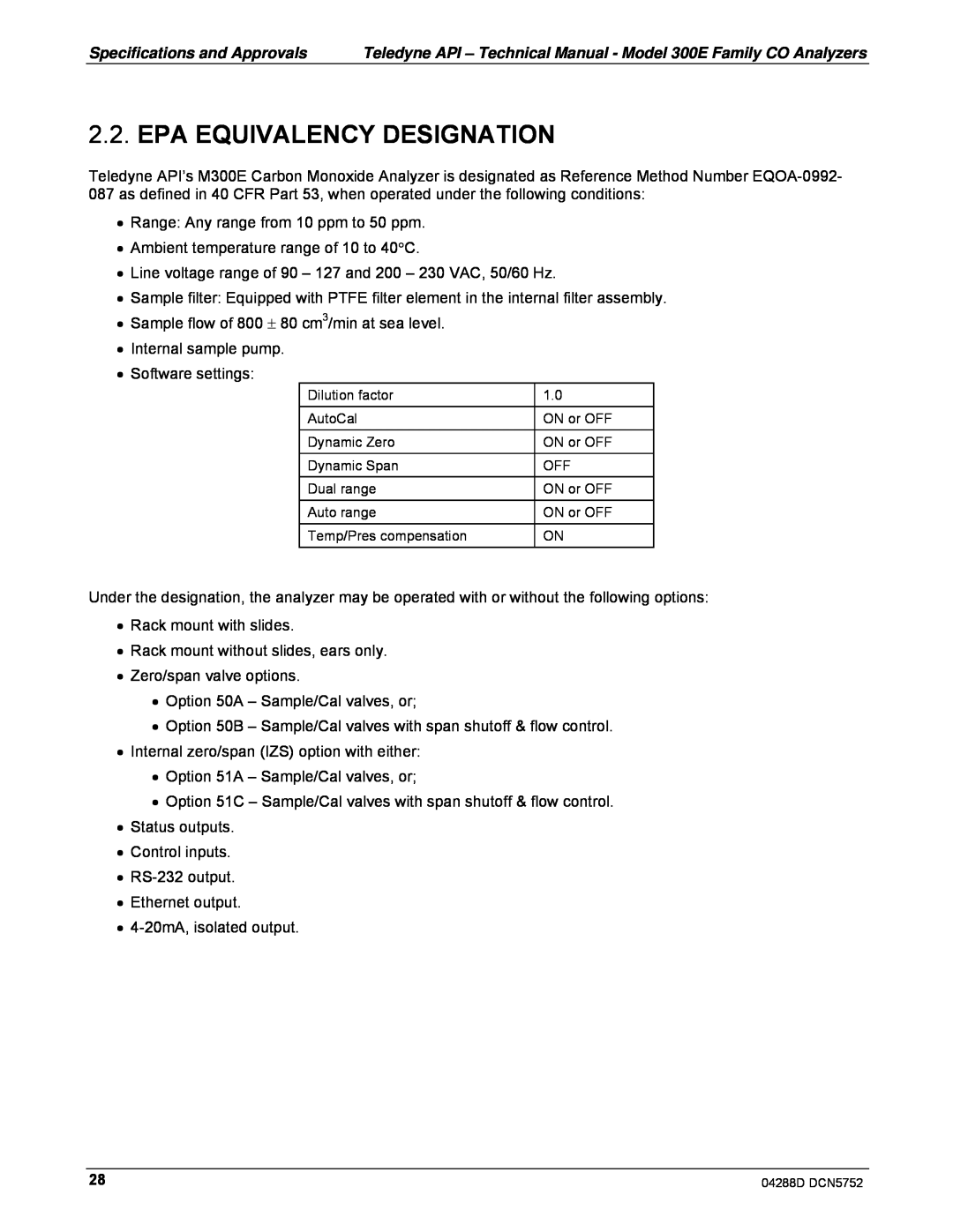 Teledyne M300EM operation manual Epa Equivalency Designation 