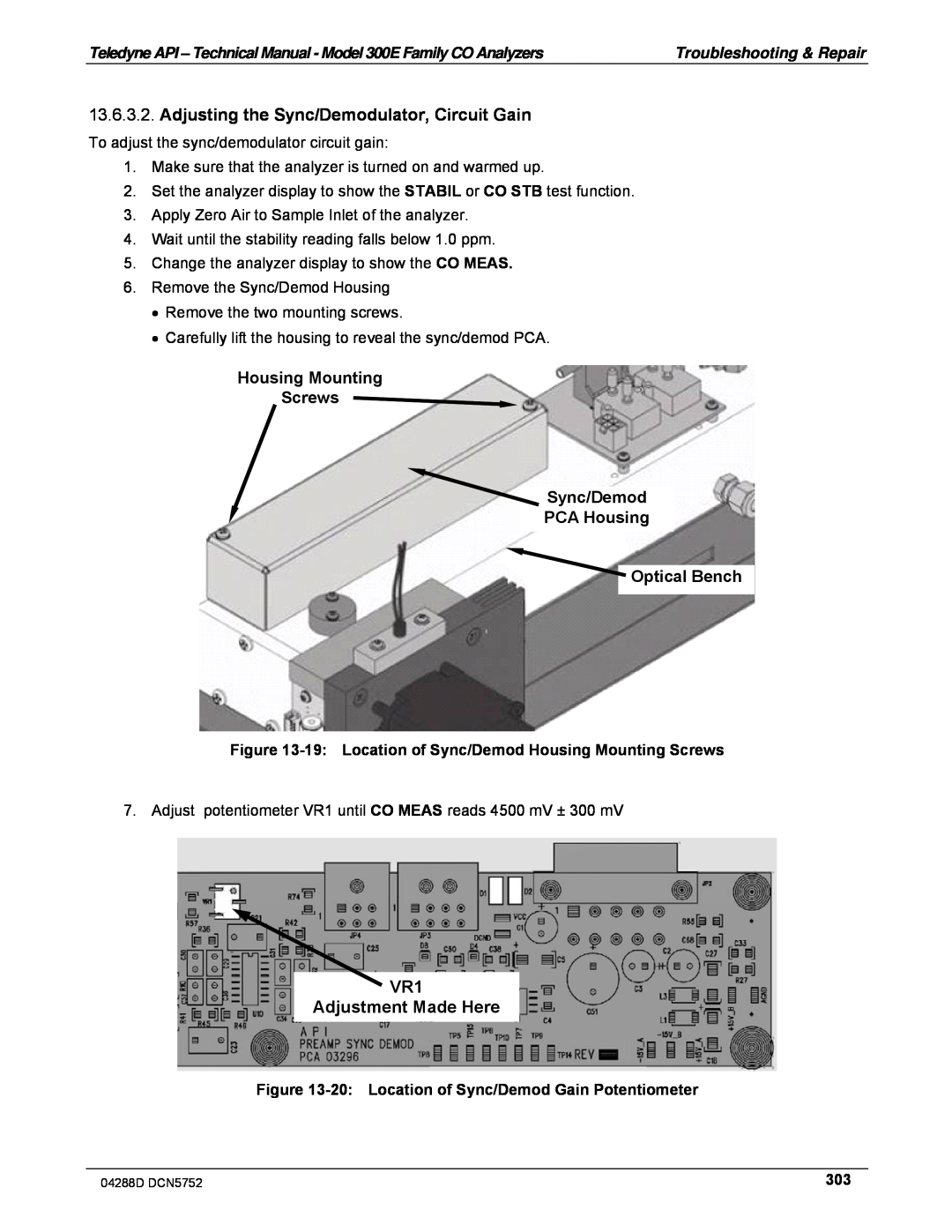 Teledyne M300EM operation manual VR1 Adjustment Made Here, Housing Mounting Screws Sync/Demod PCA Housing, Optical Bench 
