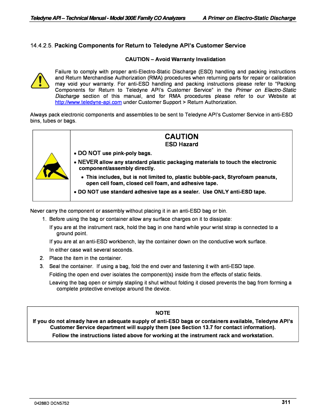 Teledyne M300EM operation manual ESD Hazard, CAUTION – Avoid Warranty Invalidation, ∙DO NOT use pink-polybags 