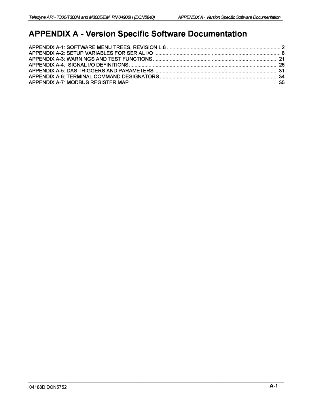 Teledyne M300EM operation manual APPENDIX A-1:SOFTWARE MENU TREES, REVISION L.8 