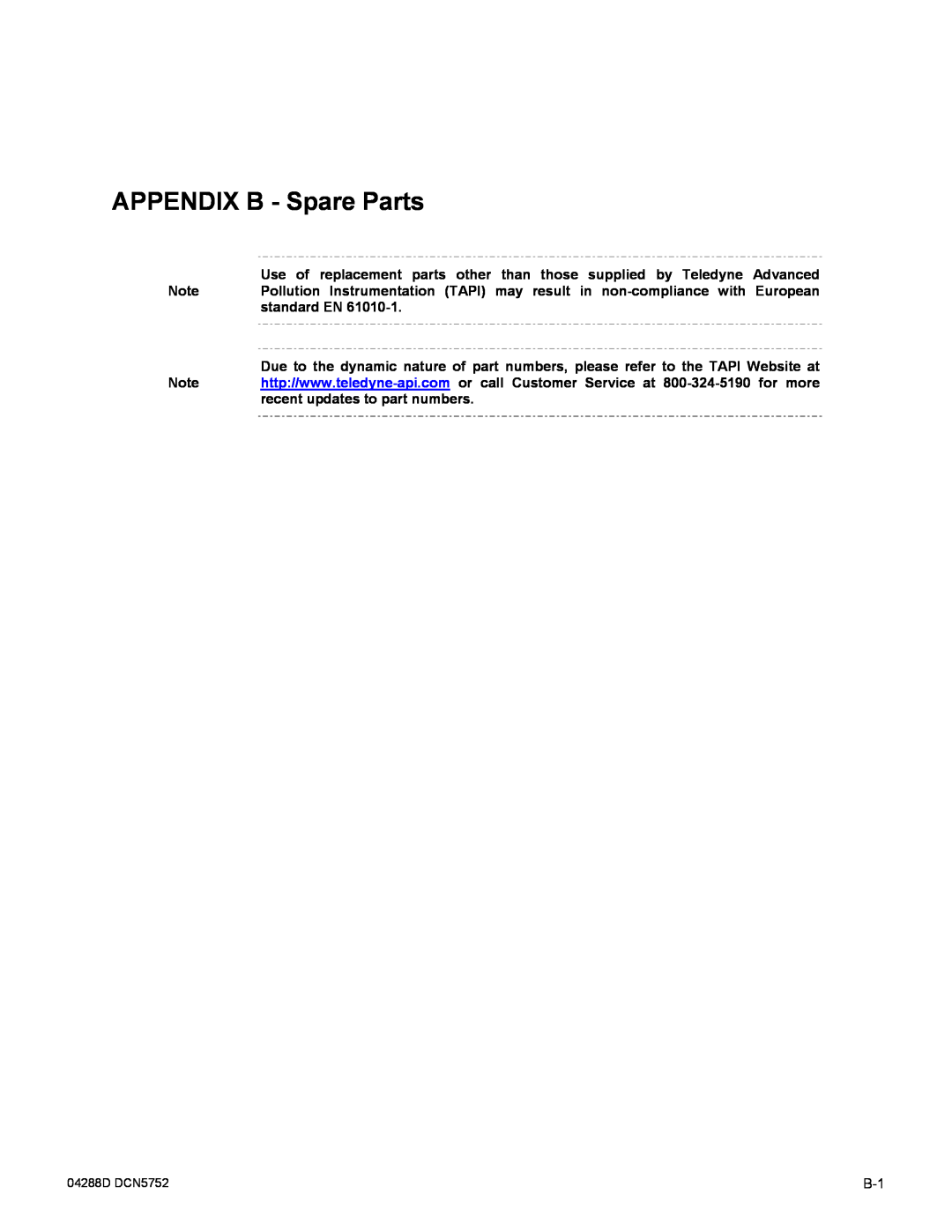 Teledyne M300EM operation manual APPENDIX B - Spare Parts, 04288D DCN5752 