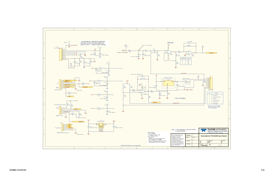 Teledyne M300E Preamp, Tec Control, +5V RETURN IS A SEPARATE GROUND, Return, It Must Be Run Directly, Use PCB, Vbias, Opto 